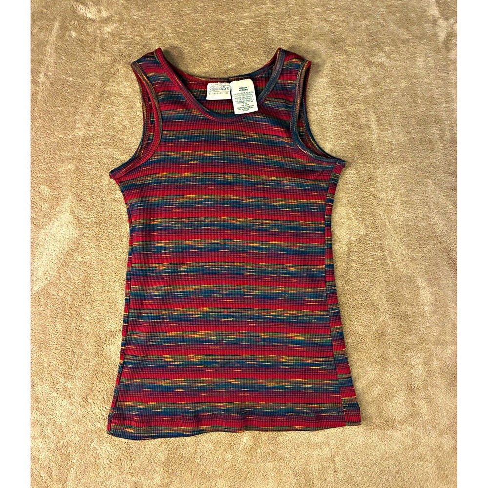 VTG St. John's Bay Womens Tank Top M Red Blue Ribbed Striped 90s Grunge Indie